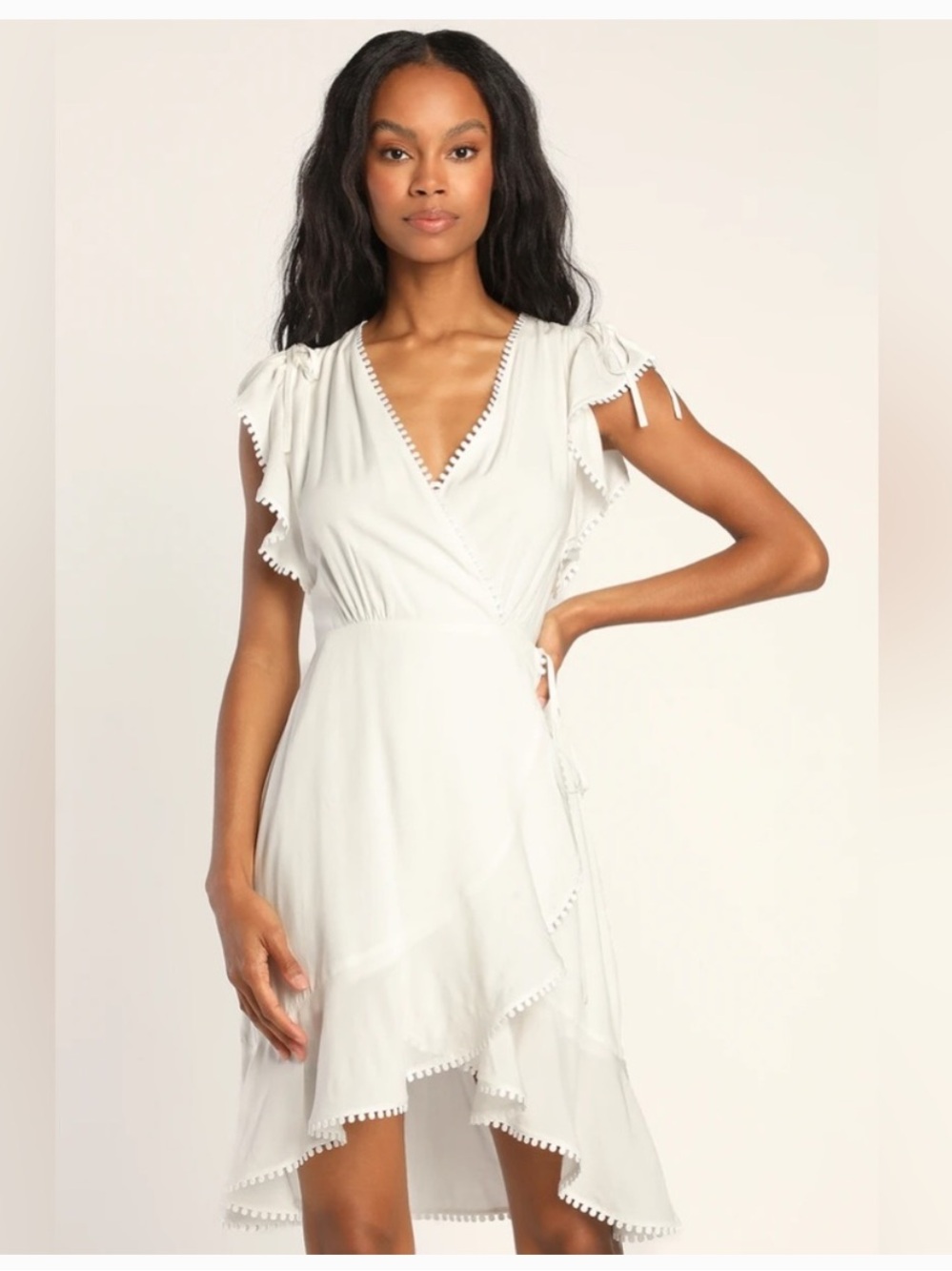 White Wrap Midi Dress with Pom Trim